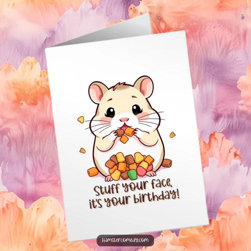 Funny Free Printable Birthday Card: Kawaii hamster with impossibly full cheeks, adorable and greedy, a funny DIY birthday gift.