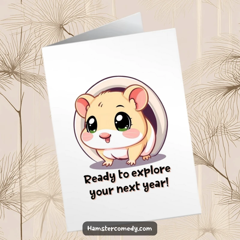 Funny Free Printable Birthday Card: Kawaii hamster peers with wide, curious eyes from the entrance of a dark tunnel. DIY birthday gift.