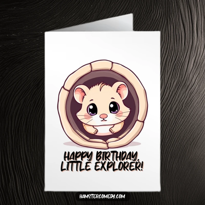 Funny Free Printable Birthday Card: Kawaii hamster peeks curiously from a tunnel, ready for adventure.