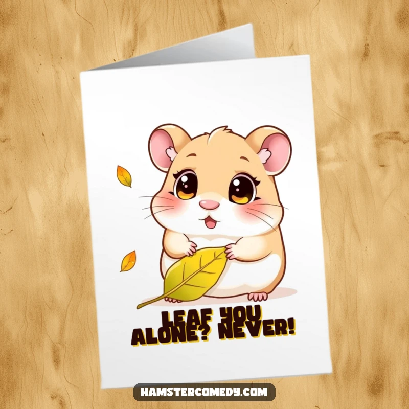Funny Free Printable Birthday Card showing a kawaii hamster with big eyes intently watching a single leaf fall from a tree.