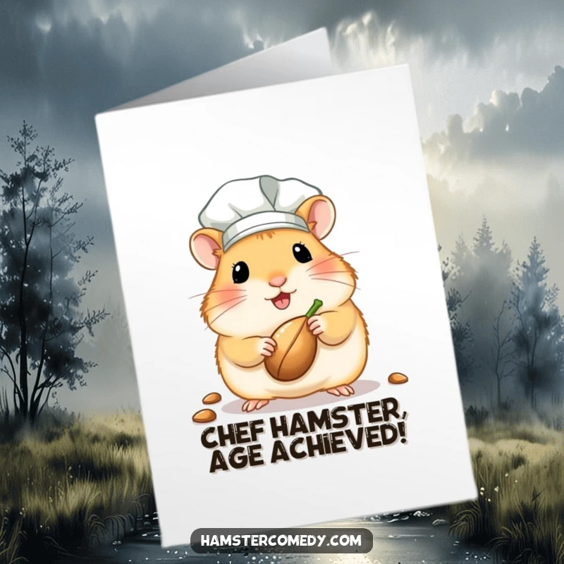 Funny Free Printable Birthday Card: Kawaii hamster chef in hat offers seed with a smile, perfect for edible gift.