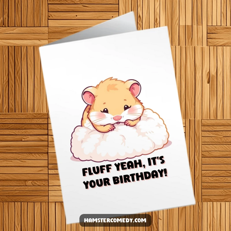 Funny free printable birthday card featuring a hamster playfully digging in a fluffy pile, radiating joy and humor.