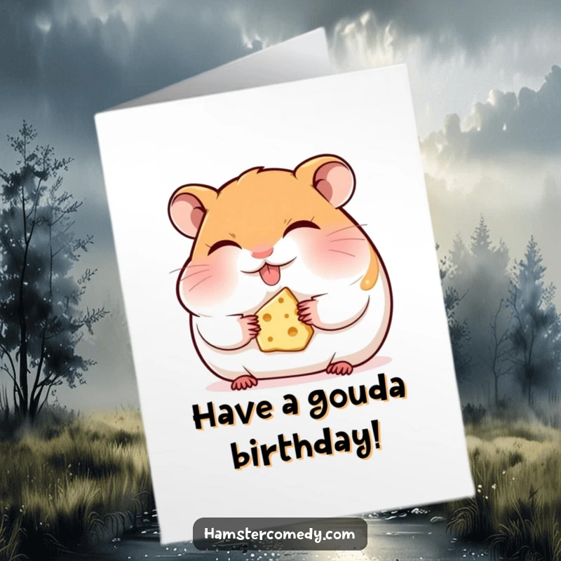 Funny Free Printable Birthday Card: Hamster closing eyes in happiness while munching cheese.