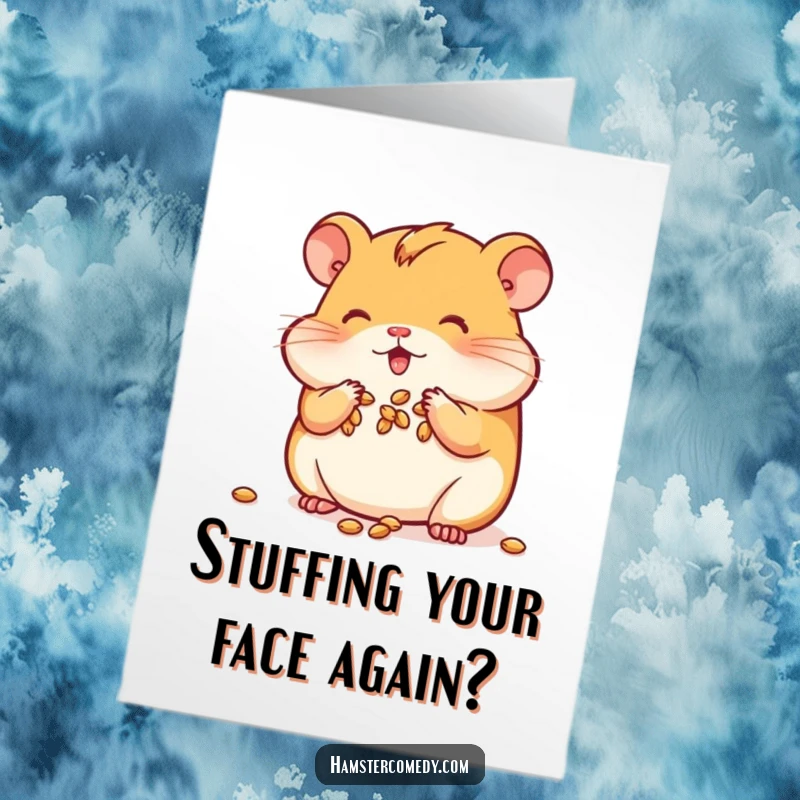 Funny Free Printable Birthday Card: Kawaii hamster stuffing cheeks with seeds, a cute and humorous birthday wish.