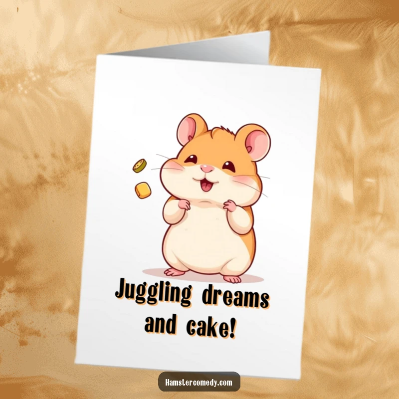 Funny free printable birthday card: A kawaii hamster expertly juggling a tiny treat with a determined expression.