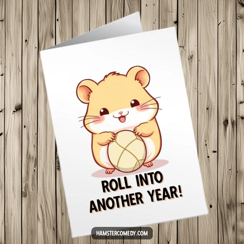 Funny Free Printable Birthday Card: A cute kawaii hamster concentrates while rolling a small ball with its paws.
