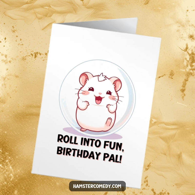 Funny Free Printable Birthday Card: A hamster joyfully rolling inside a transparent ball, squeaking with excitement for a birthday.