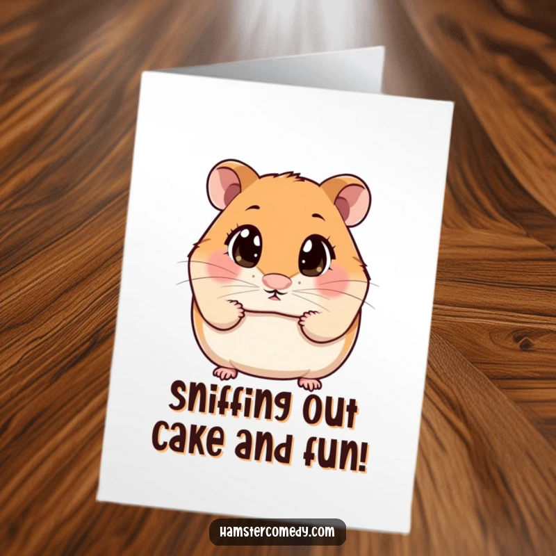 Funny free printable birthday card: A kawaii hamster with huge, curious eyes sniffing the air for birthday treats, ready to download.