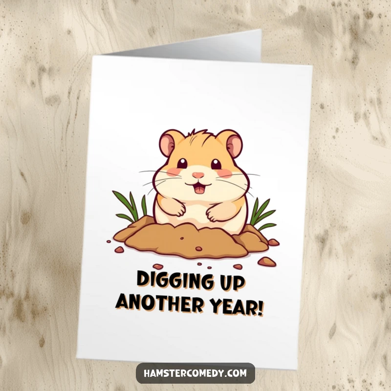 Funny Free Printable Birthday Card: Hamster digging dirt with determined paws and a funny expression, ready for a celebration.