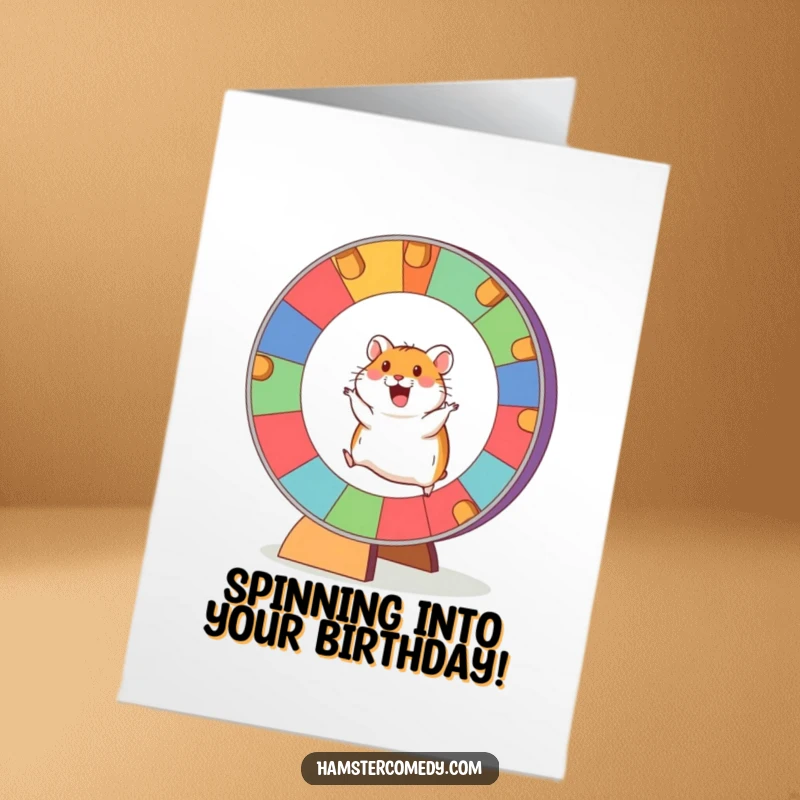 Funny Free Printable Hamster Birthday Card, showing an excited hamster energetically running on a giant, colorful wheel.
