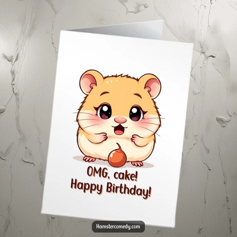 Funny Free Printable Birthday Card: Hamster with comically wide eyes stares at a dropped raisin, expressing pure surprise and humor.