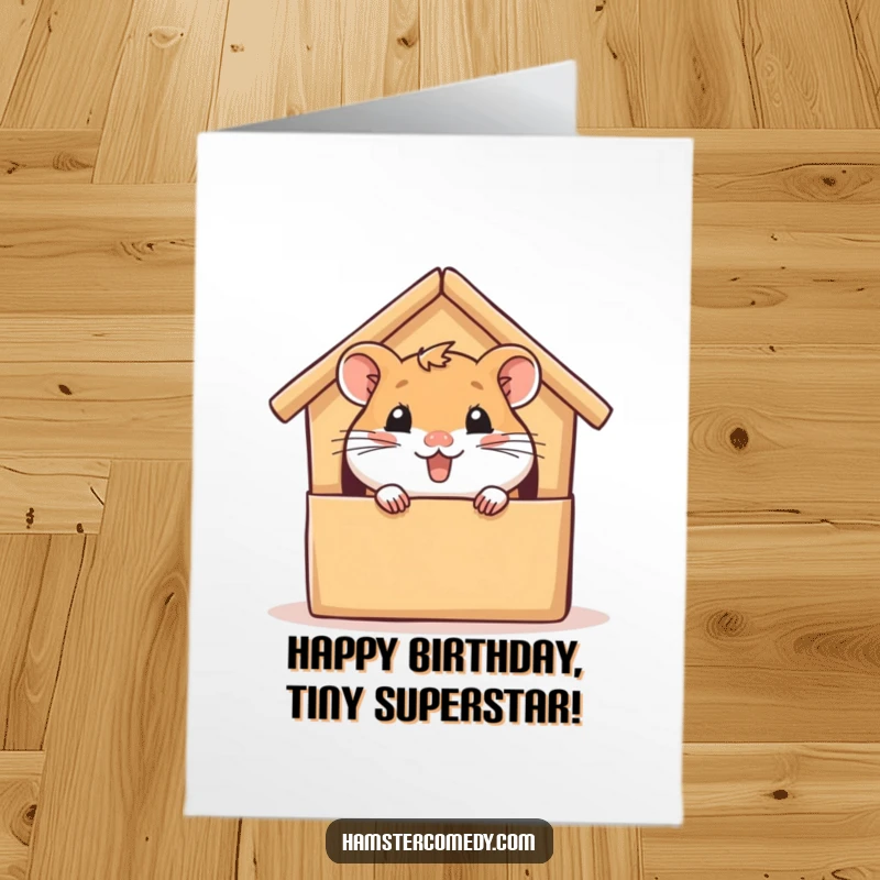 Funny Free Printable Birthday Card: A gleeful hamster peeking out from a cozy cardboard house, ready to celebrate with excitement.