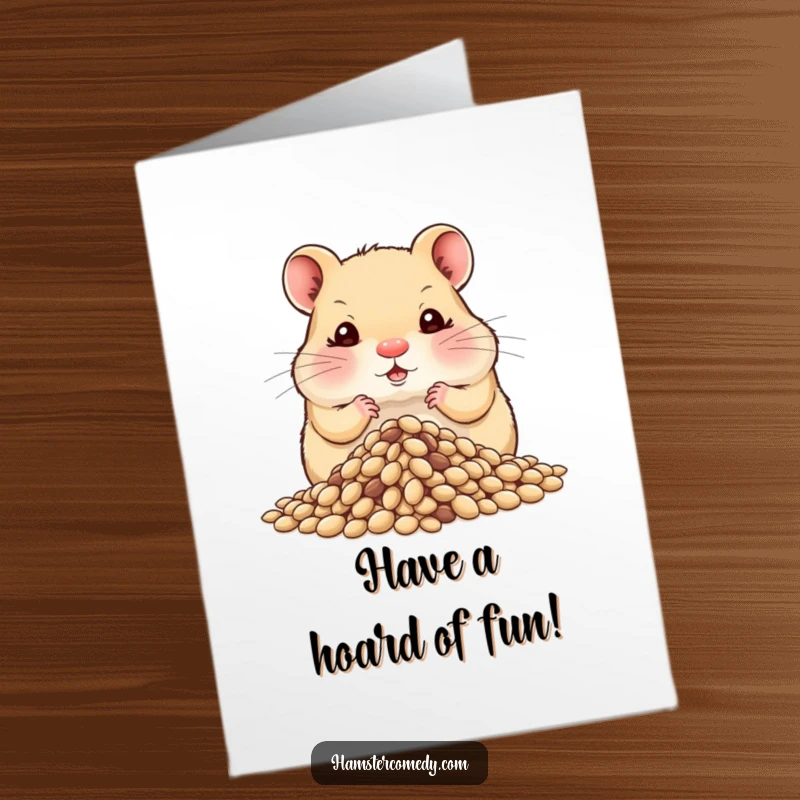 Funny Free Printable Hamster Birthday Card: A cute hamster has its cheeks puffed out, hoarding a massive pile of seeds.