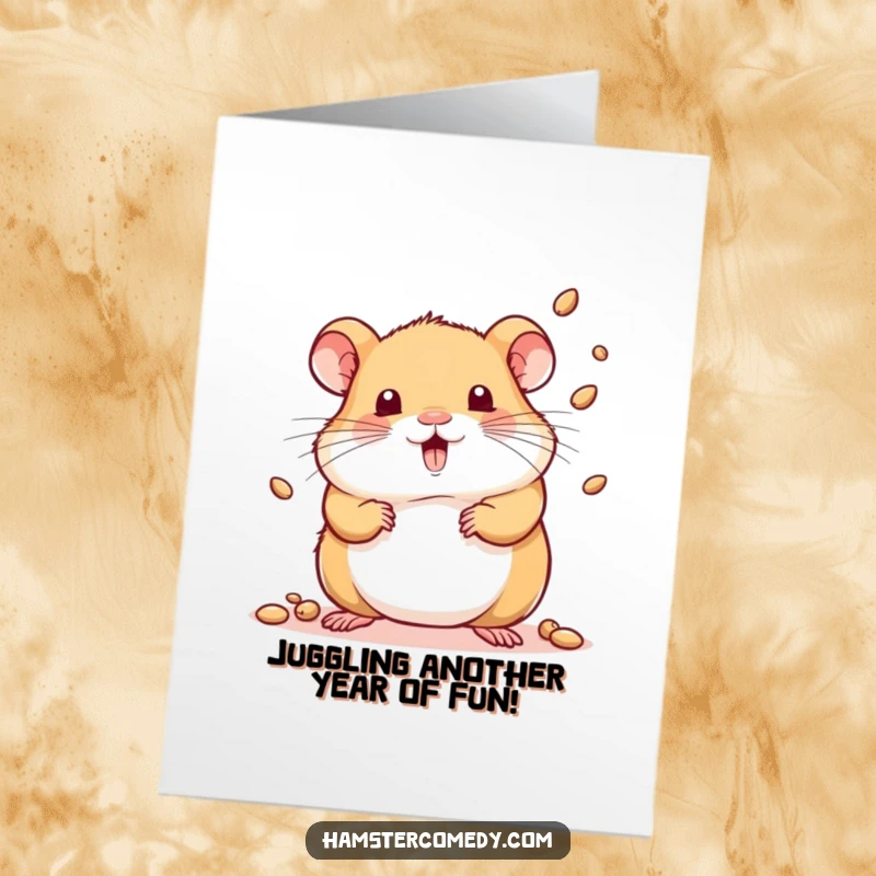 Funny Free Printable Birthday Card: Kawaii hamster expertly juggles several tiny seeds, looking delighted. DIY birthday gift.