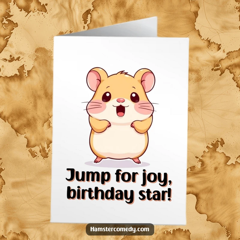 Funny Free Printable Birthday Card: Kawaii hamster leaping in surprise, perfect for a giggle-filled DIY greeting.