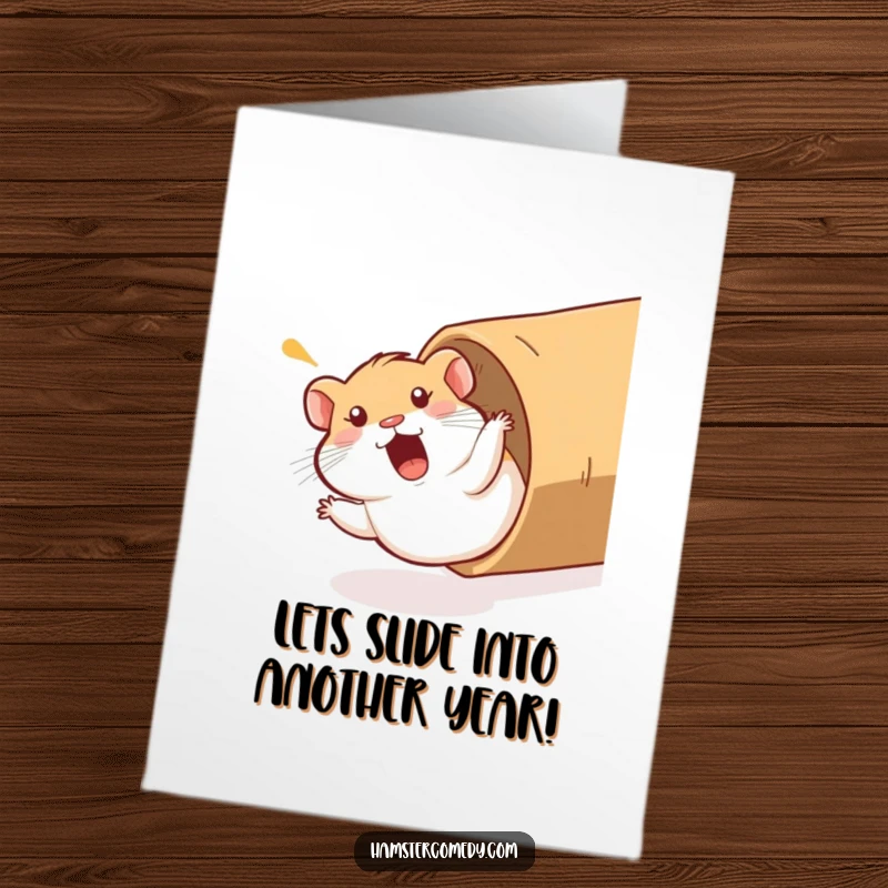 Funny Free Printable Birthday Card: A hamster comically slides down a cardboard tube, yelping in surprise.