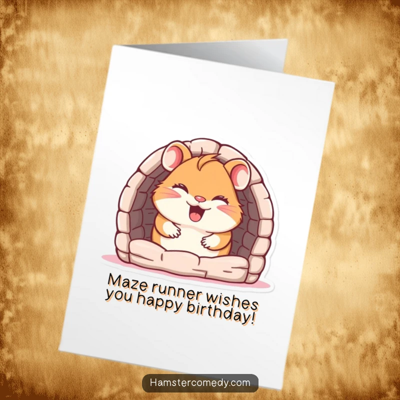 Funny Free Printable Birthday Card: Giggling hamster peeking from a maze, ready to deliver birthday wishes with a chuckle.