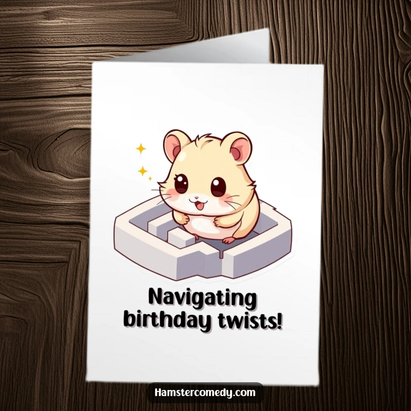 Funny Free Printable Birthday Card: Hamster excitedly exploring miniature maze, sparkling eyes, humorous, downloadable birthday greeting.