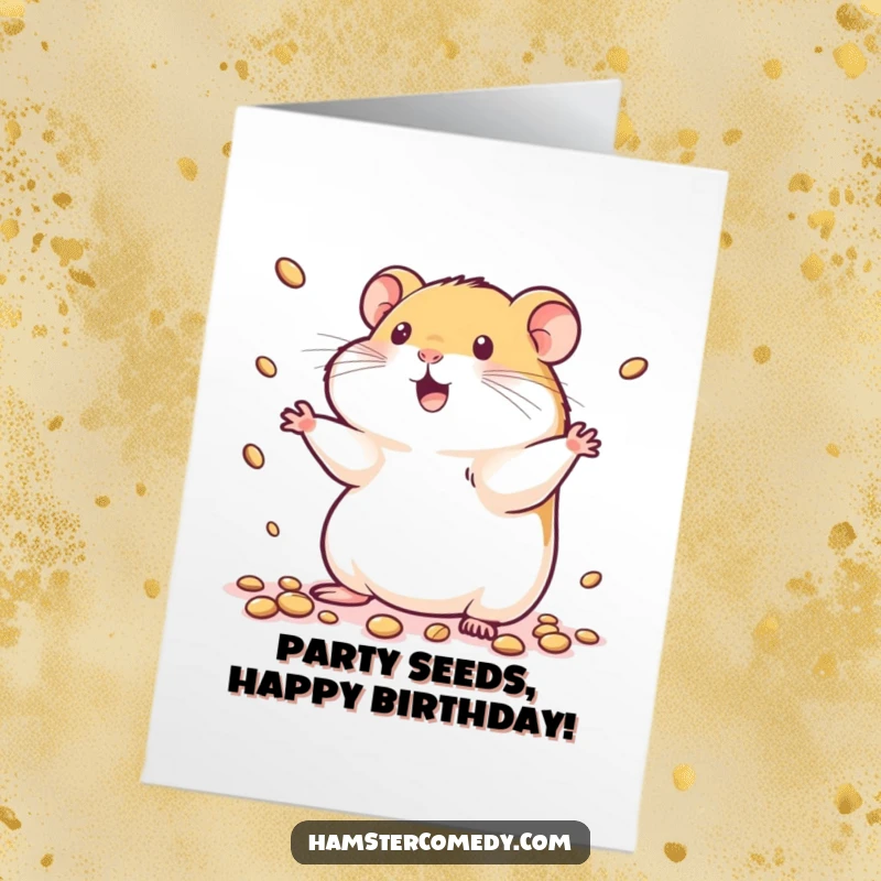 Funny Free Printable Birthday Card: Kawaii hamster skillfully juggles tiny seeds with a happy expression.