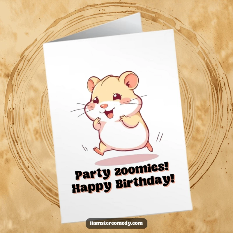 Funny Free Printable Birthday Card: A hamster in a blur of motion, dashing speedily with a playful twitch, celebrating joyfully.