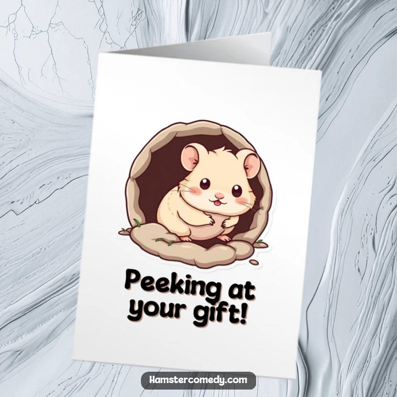 Funny Free Printable Birthday Card: Kawaii hamster peeking shyly from a tiny burrow, a cute birthday greeting.