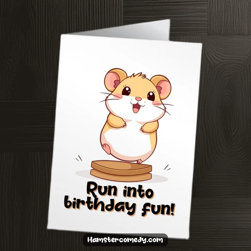 Funny Free Printable Birthday Card: A kawaii hamster joyfully runs on its wheel, full of birthday excitement.