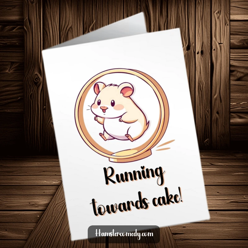 Funny Free Printable Birthday Card: Kawaii hamster running at full speed on a spinning wheel, full of birthday energy.