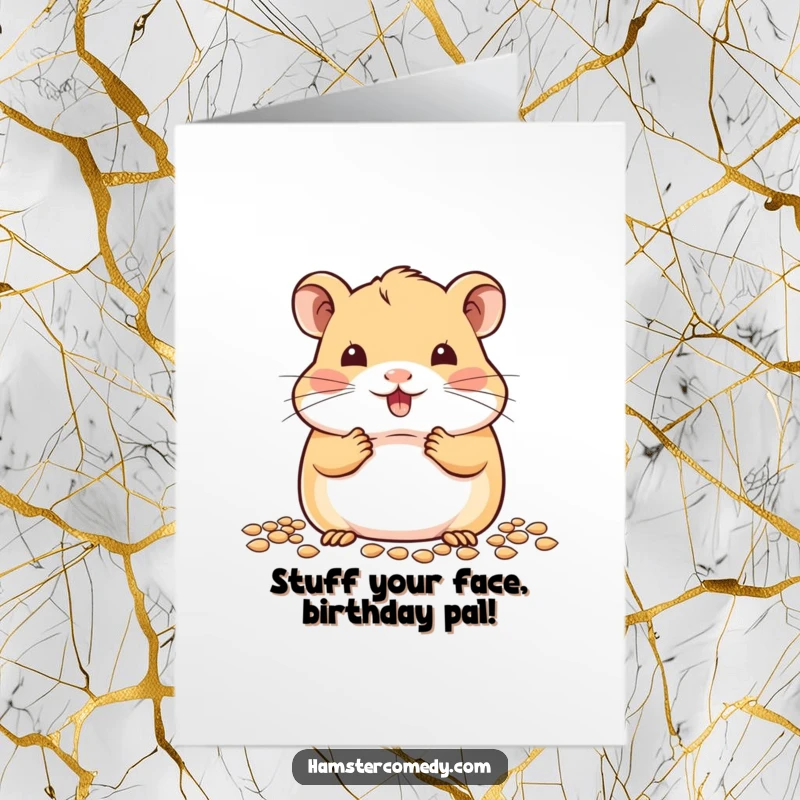 Funny Free Printable Birthday Card: A charming kawaii hamster happily stuffs its cheeks full of tasty seeds.