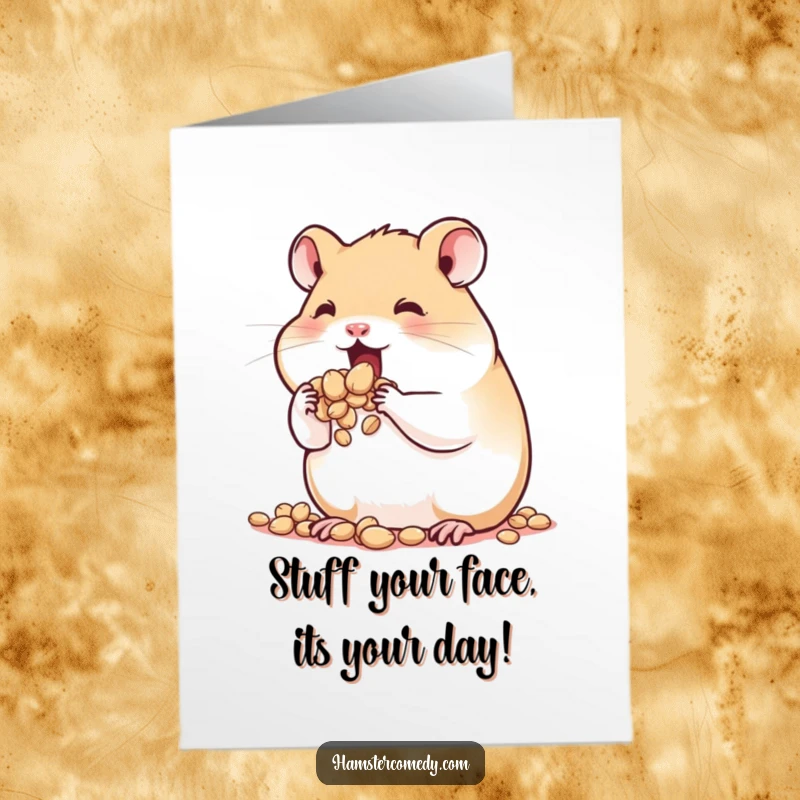 Funny Free Printable Birthday Card: A cute hamster's cheeks are bursting full of seeds.