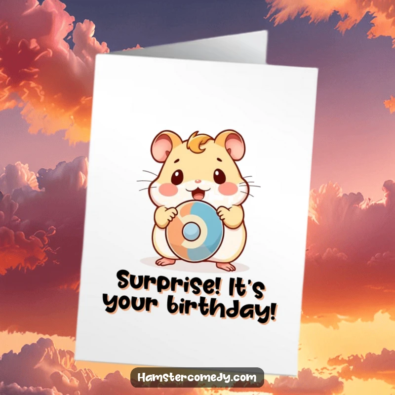 Funny free printable birthday card: A kawaii hamster with wide, surprised eyes staring at a fast-spinning object.