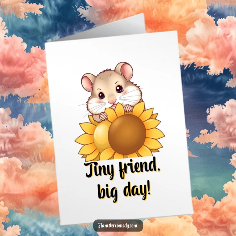 Funny Free Printable Birthday Card featuring a curious hamster tilting its head and nibbling a giant sunflower seed.