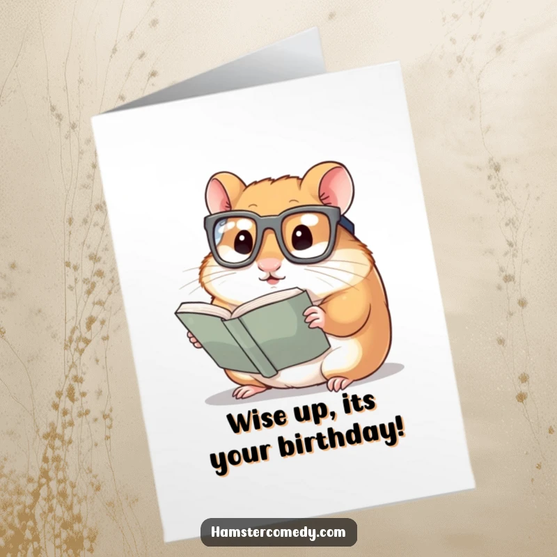 Funny Free Printable Birthday Card: A hamster wearing oversized glasses reads a tiny book intently.