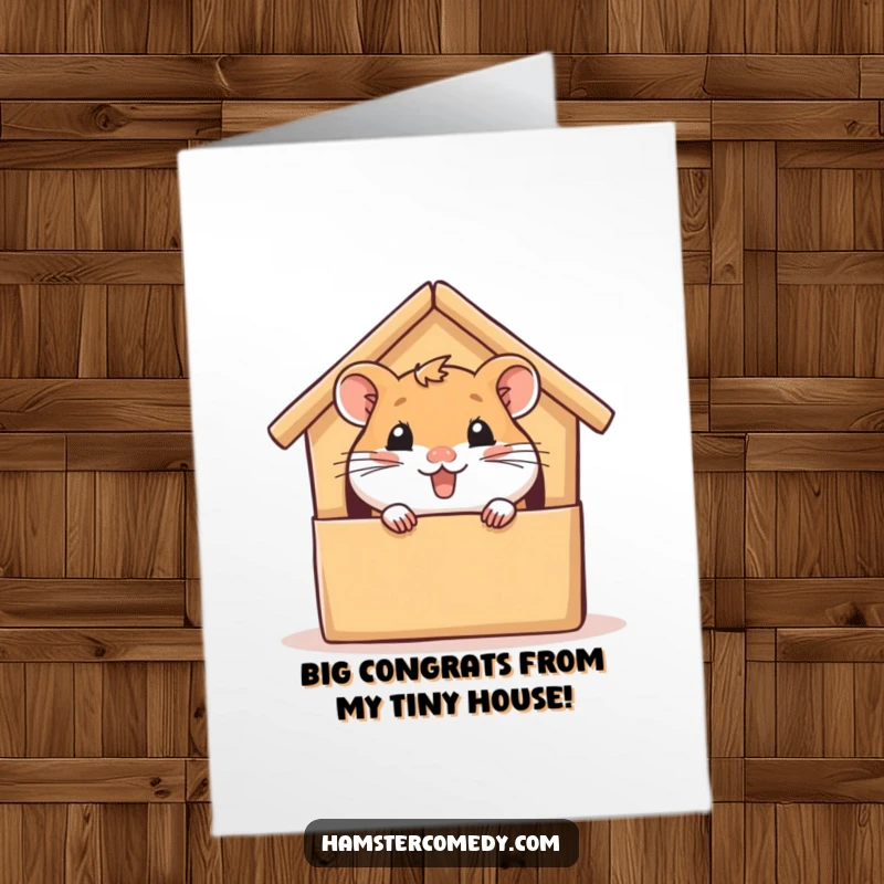 Funny Free Printable Congratulations Card: A happy hamster peeking from its cardboard home, radiating pure glee and success.