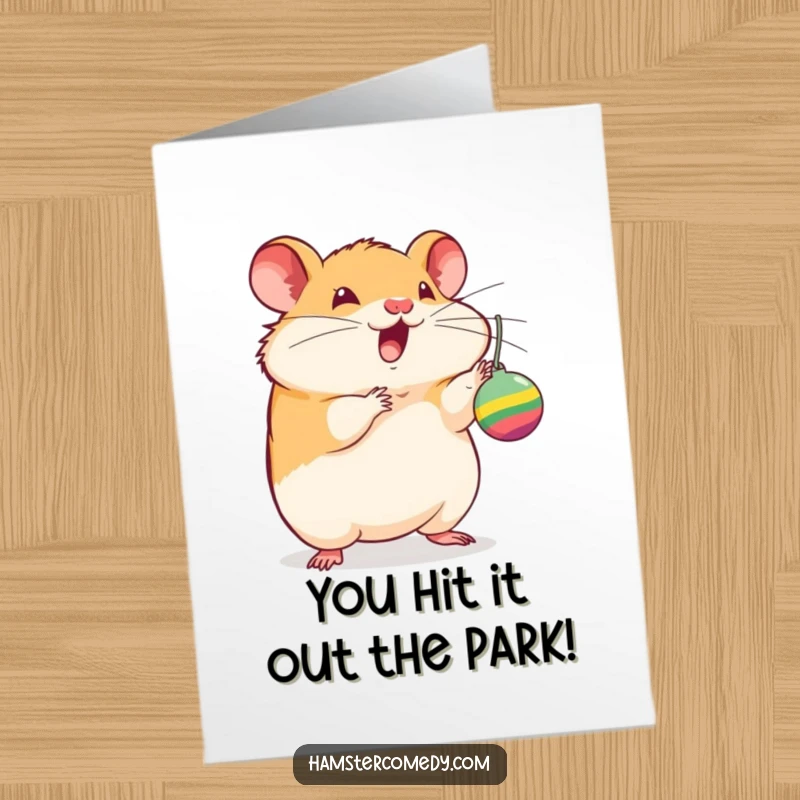 Funny Free Printable Congratulations Card: An excited hamster batting at a toy, celebrating success with playful delight and high spirits.