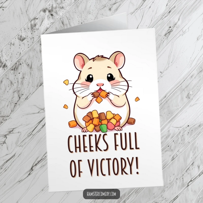 Funny Free Printable Congratulations Card: Kawaii hamster with bulging cheeks, savoring treats, a funny DIY congrats gift.