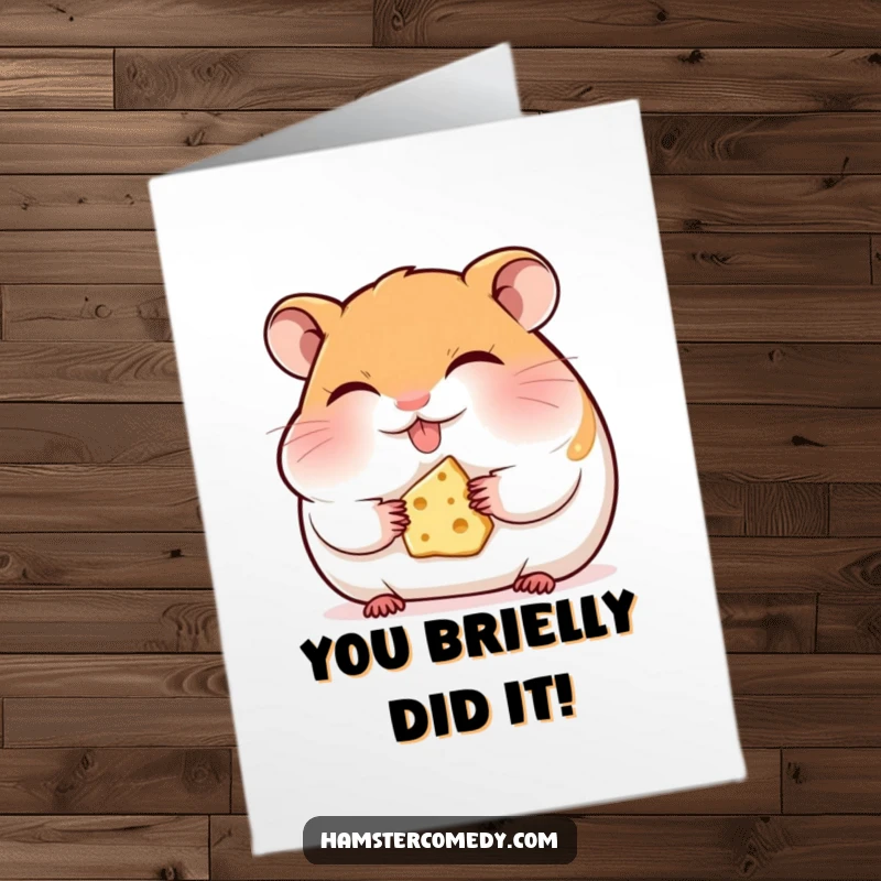 Funny Free Printable Congrats Card: Hamster blissfully eating cheese with eyes closed in delight.