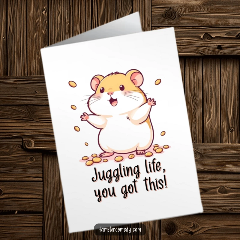 Funny Free Printable Congrats Card: Kawaii hamster juggles seeds, symbolizing a successful balancing act.