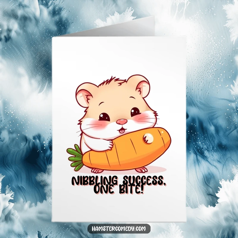 Funny Free Printable Congrats Card: Curious hamster enthusiastically nibbling a giant carrot, celebrating an achievement.