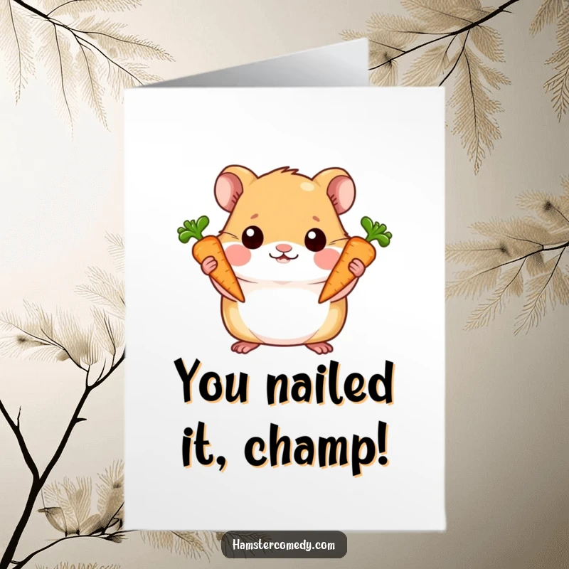 Funny Free Printable Congrats Card: Hamster holding two tiny carrots with pride, celebrating a great achievement. Downloadable, print at home.