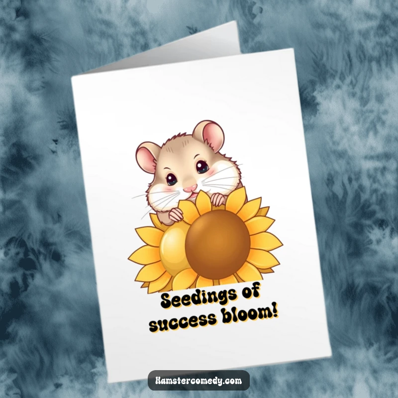 Funny Free Printable Congratulations Card: A happy hamster tilting its head while munching a giant sunflower seed.