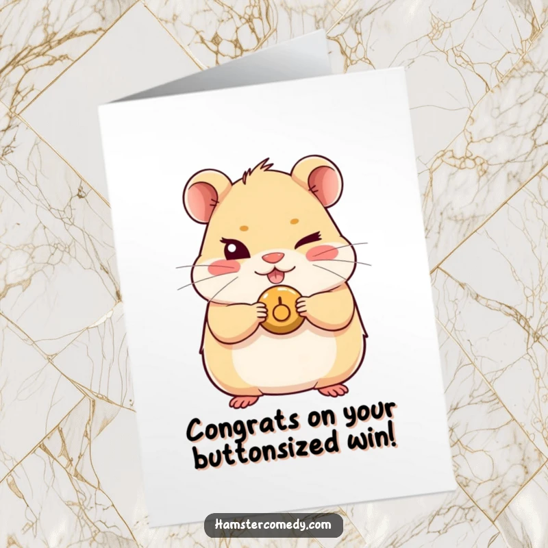 Funny Free Printable Congratulations Card showing a kawaii hamster with a mischievous wink, clutching a small button.