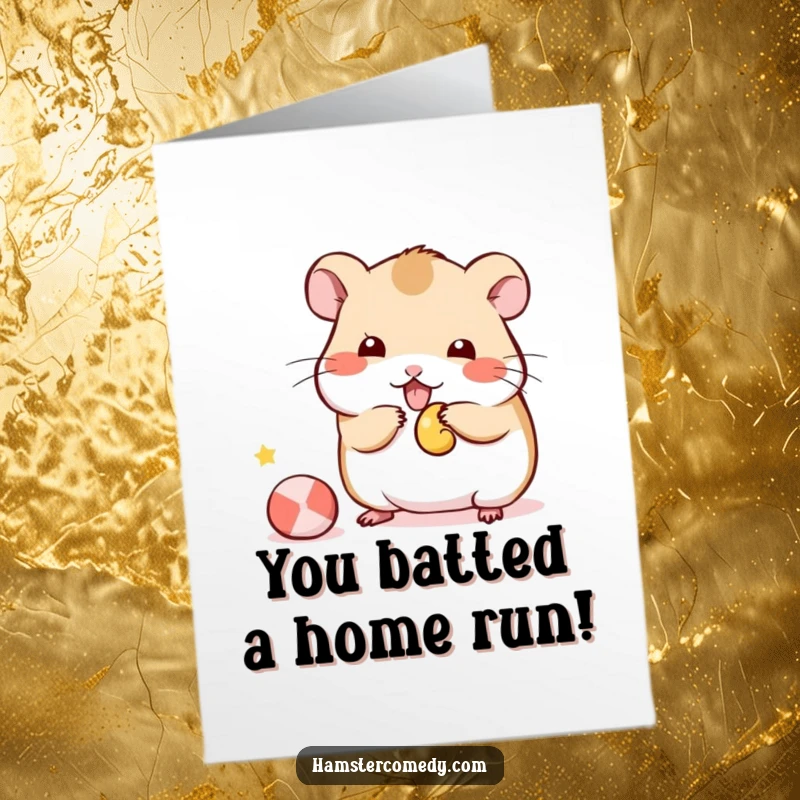 Funny Free Printable Congrats Card: Kawaii hamster batting at a toy, a dynamic and cheerful scene for congratulations.
