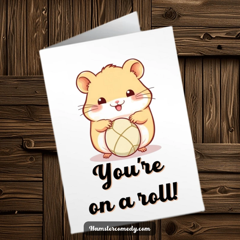 Funny Free Printable Congratulations Card: A kawaii hamster happily rolls a little ball with focused paws.