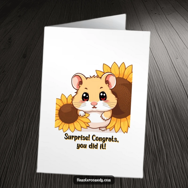 Funny free printable congratulations card featuring a hamster with wide eyes peeking from behind a sunflower seed, sharing a quiet moment of joy.