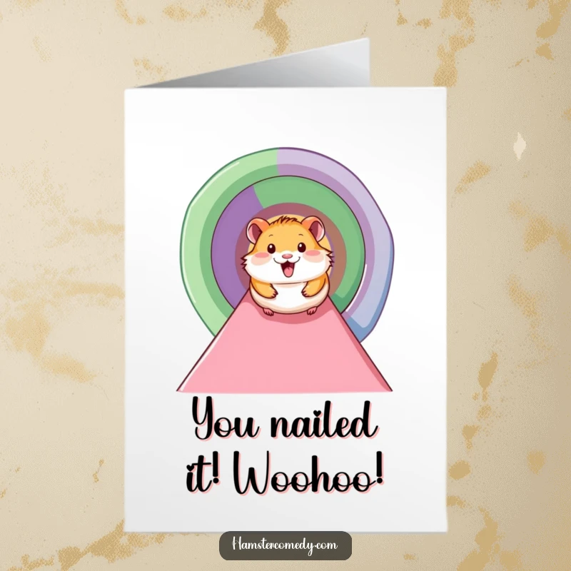 Free printable congratulations card with a joyful hamster sliding down a colorful tunnel, celebrating their big win.
