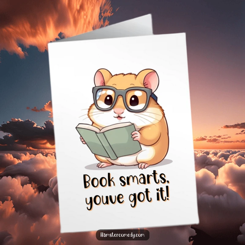 Funny Free Printable Congratulations Card: A hamster in big glasses studies a small book seriously.