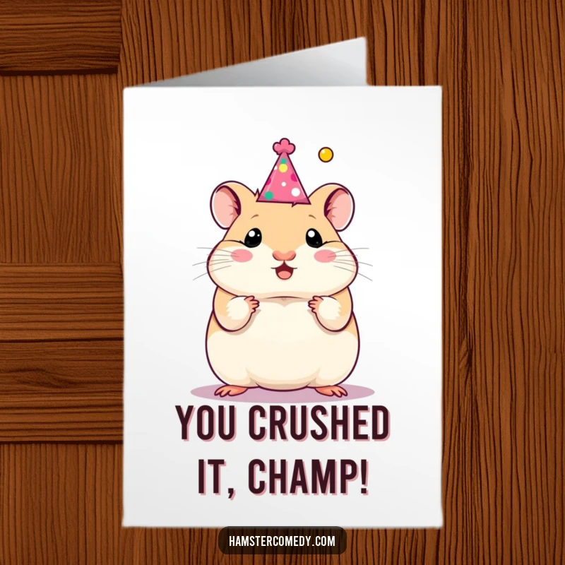 Funny Free Printable Congratulations Card showing a proud hamster in a party hat, celebrating a big win.