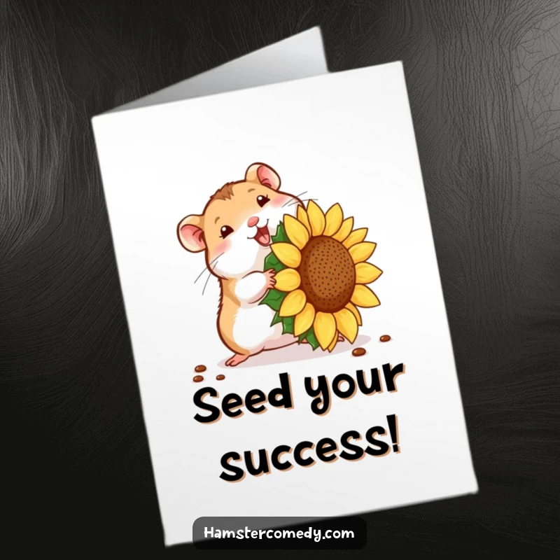 Funny free printable congratulations card featuring a hamster humorously attempting to carry a giant sunflower seed.