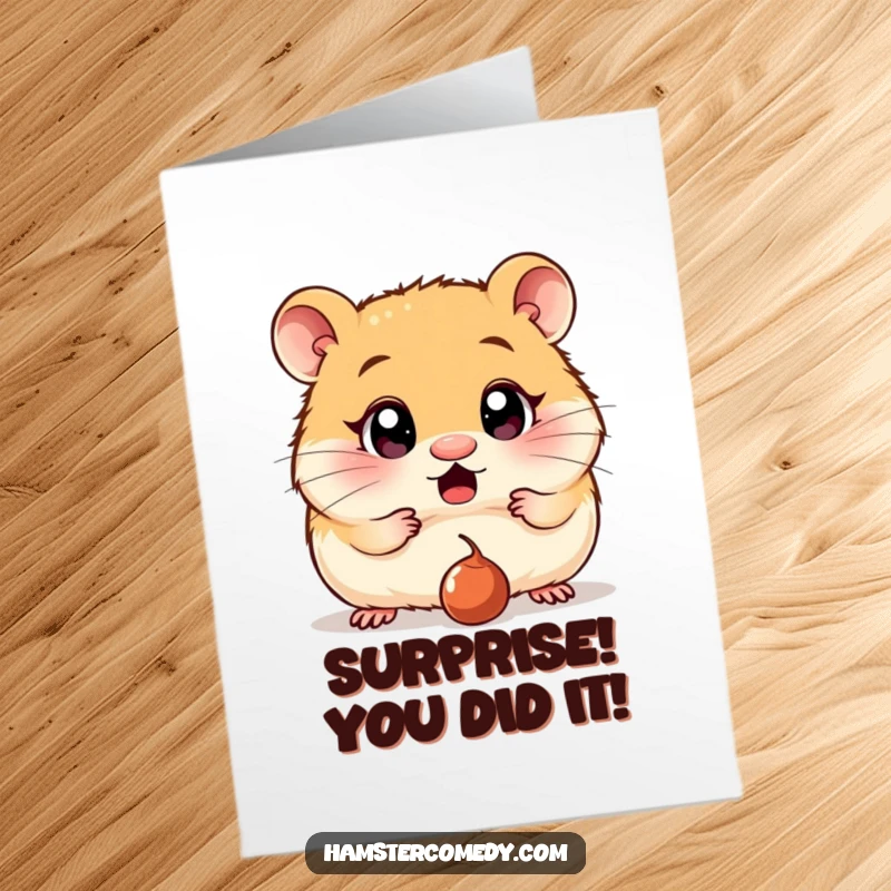 Funny Free Printable Congrats Card: A hamster looking utterly surprised with wide eyes at a fallen raisin, perfect for celebrating wins.