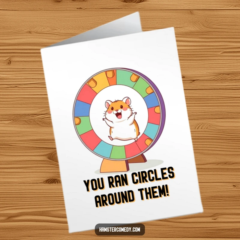 Funny Free Printable Hamster Congratulations Card, depicting an excited hamster in full stride on a large, vibrant wheel.